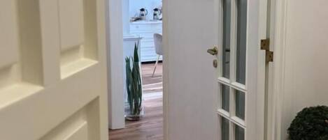 Un couloir avec un plancher en bois, une porte blanche dotée d’un panneau en verre et une plante en pot.