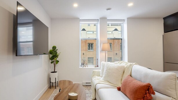 Ein modernes Wohnzimmer mit Flachbildfernseher, einem weißen Sofa, einem Holztisch und einem Blumentopf.