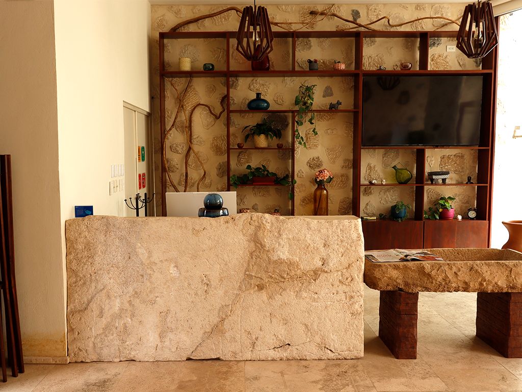 Una recepción con mostrador de piedra, un banco de madera y una estantería con plantas y objetos decorativos.