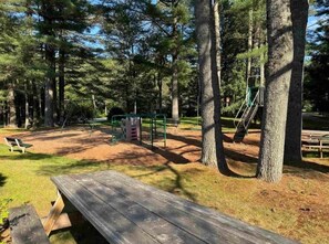Ein Park mit Picknicktisch, Spielgeräten und Bäumen.