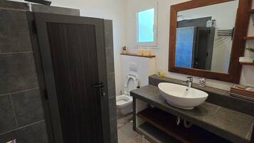 Shower, hair dryer, towels, toilet paper