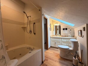 A bathroom with a walk-in shower, a bathtub, a toilet, and a vanity with a mirror. - Clean & Spacious 3‑Bed 2‑Bath Condo/Ephraim 201 (Ephraim)