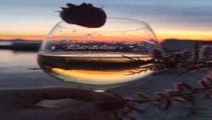 A glass with a label, held over a surface with a sunset in the background. - Mobile Home Paradise (Sveti Filip i Jakov)