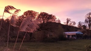 A rural landscape with a house, trees, and a field. - Charming 2-bedroom farmhouse in Willamina's relaxing countryside. (Willamina)