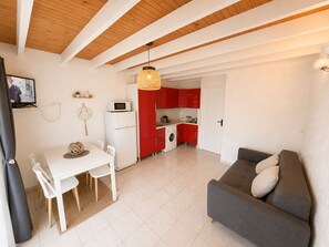 A compact living space with a dining area, kitchenette, and a sofa.