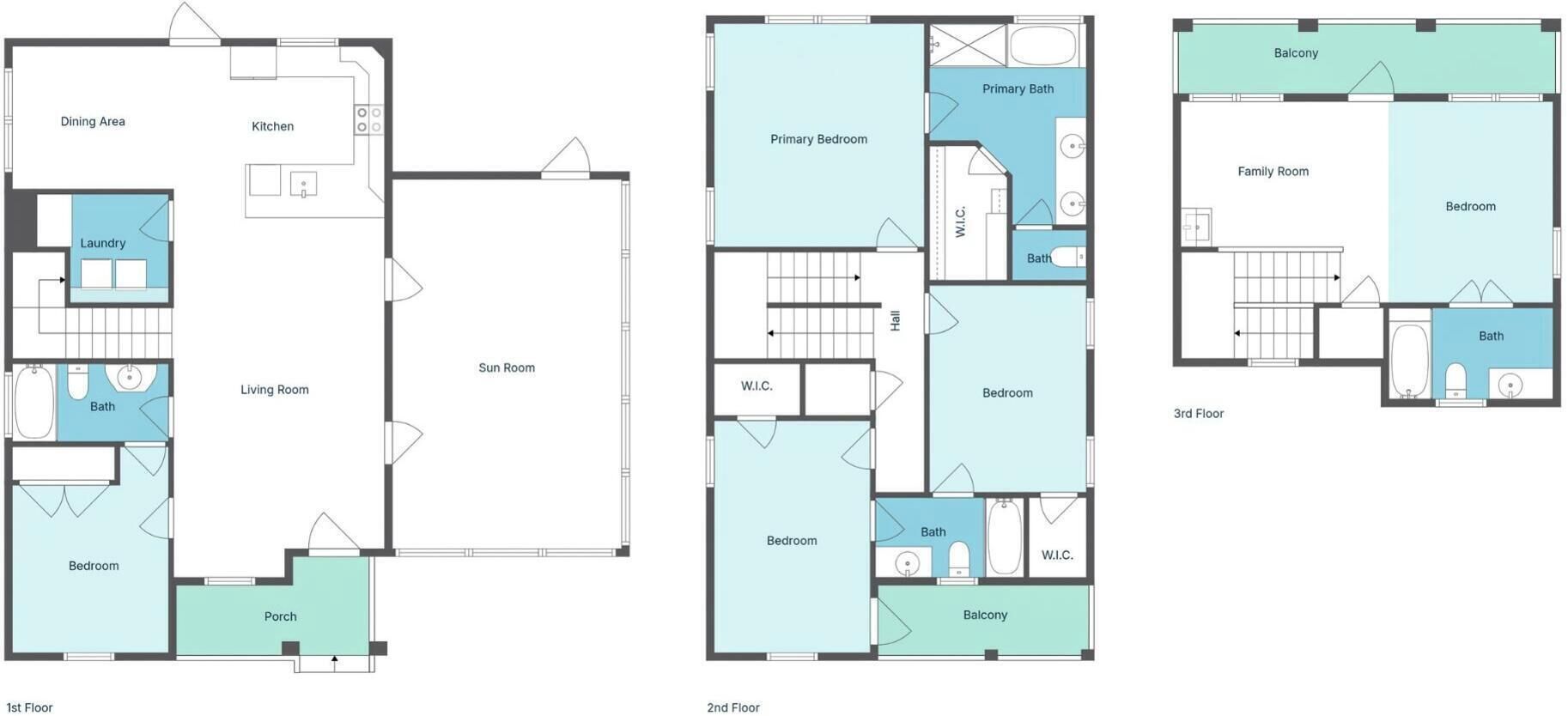 Planimetria di un hotel su 3 piani, con sala da pranzo, cucina, soggiorno, veranda soleggiata, camere da letto, servizi igienici e balconi.