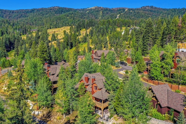 A residential area with multiple houses surrounded by dense forest and hills in the background.