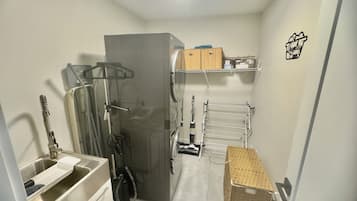 Hair dryer, towels, soap, toilet paper