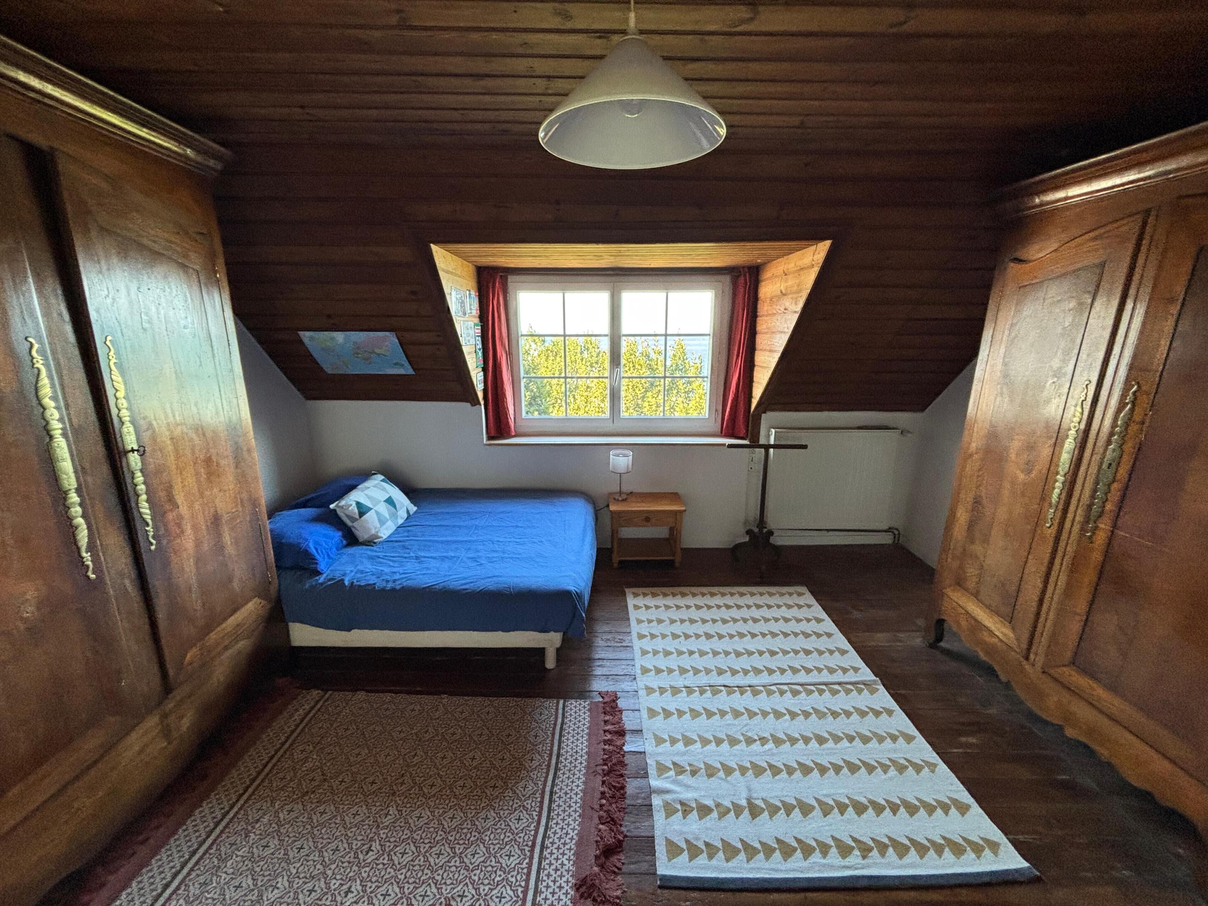 A room with a bed, a window, a radiator, and wooden walls.