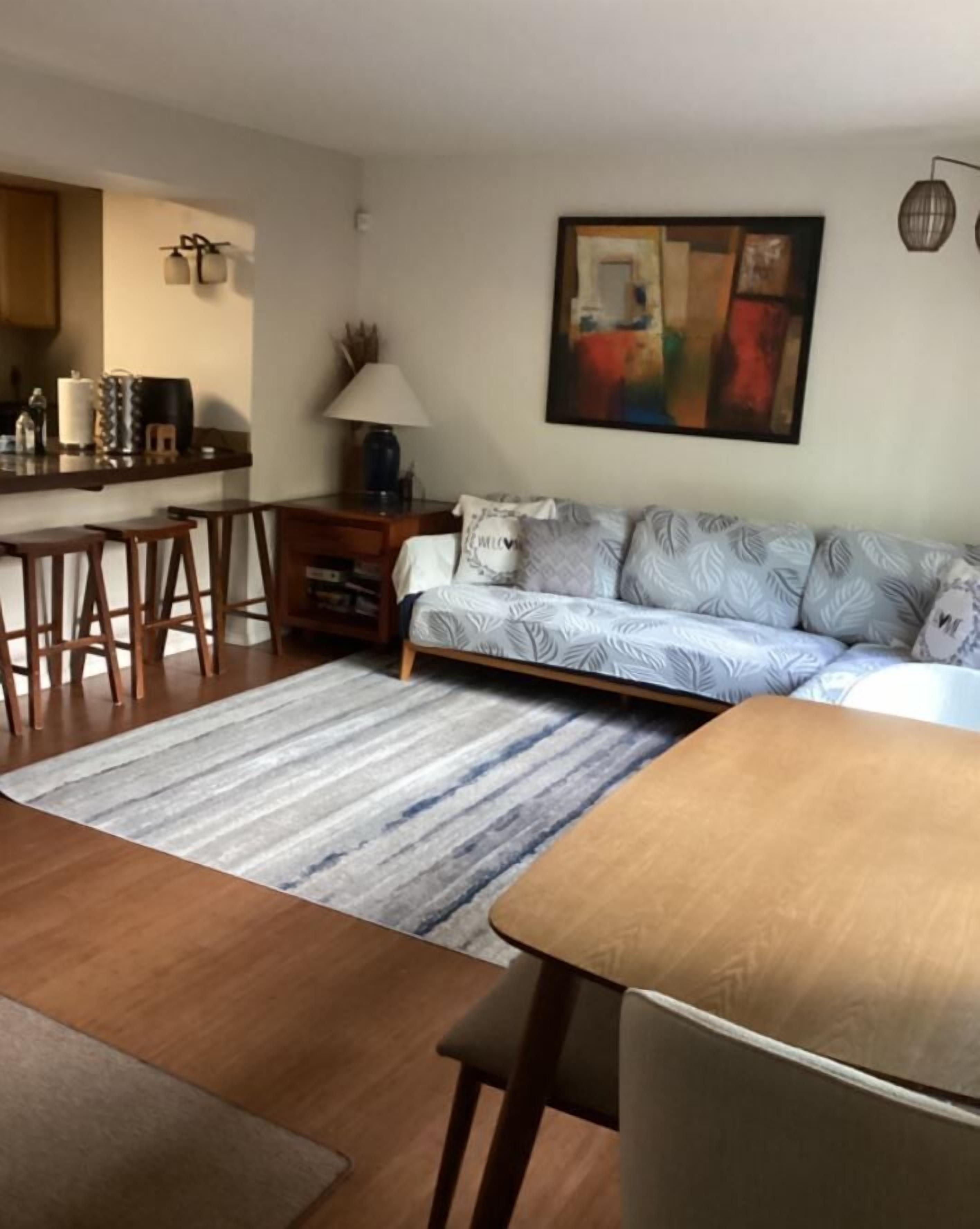 A living room with a sofa, a coffee table, a dining table, and a kitchen area in the background.