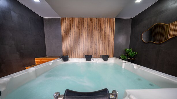 Ein Wellnessraum mit einer großen Badewanne, Holzvertäfelung und einer kleinen Pflanze.