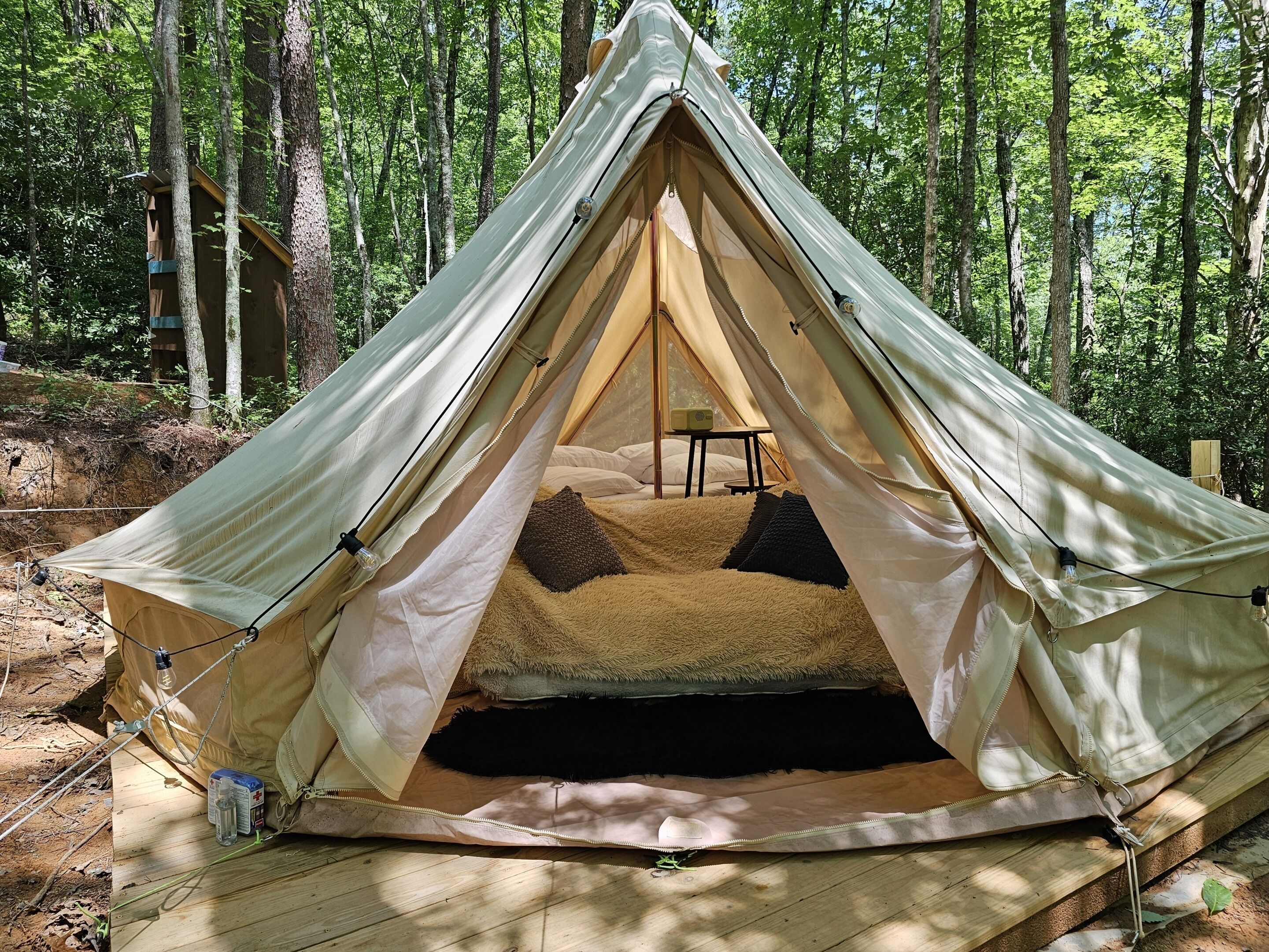 Une tente avec un lit à l’intérieur, entourée d’arbres.