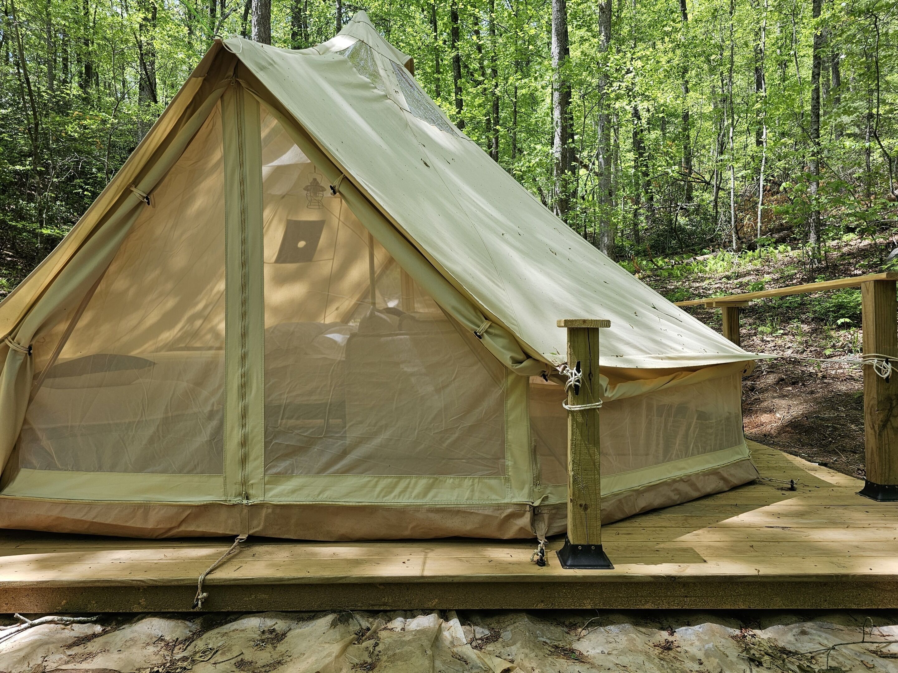 A tent set up on a wooden deck in a forest.