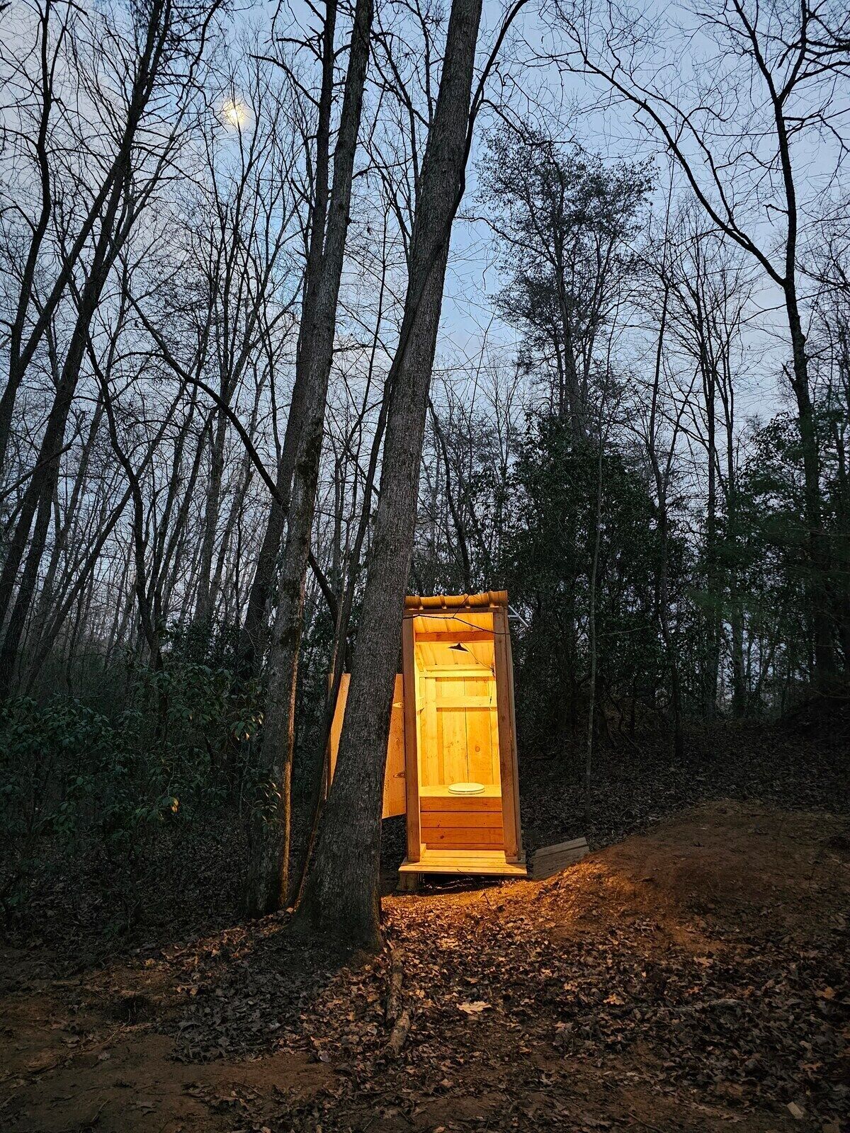 Eine Holzhütte im Wald, möglicherweise eine Toilette oder ein Abstellschuppen, mit Tür und einer kleinen Plattform.