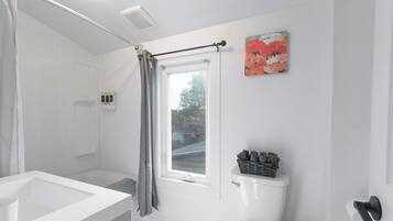 Hair dryer, towels, soap, toilet paper