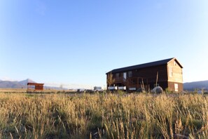 A wooden house with a flat roof, surrounded by a field of tall grass.