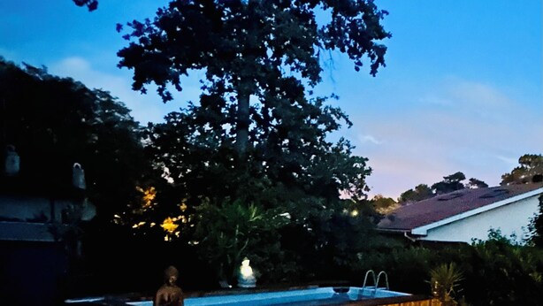 Ein Steinkamin, eine Holzbank und ein kleiner Poolbereich mit einer Statue.