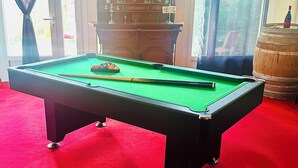 Ein Billardtisch mit Spielstange, umgeben von einem roten Teppich, mit einer Holzvitrine und Flaschen im Hintergrund.