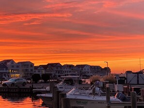 Un port de plaisance avec des bateaux amarrés, une rangée de maisons en arrière-plan et un ciel au coucher du soleil.