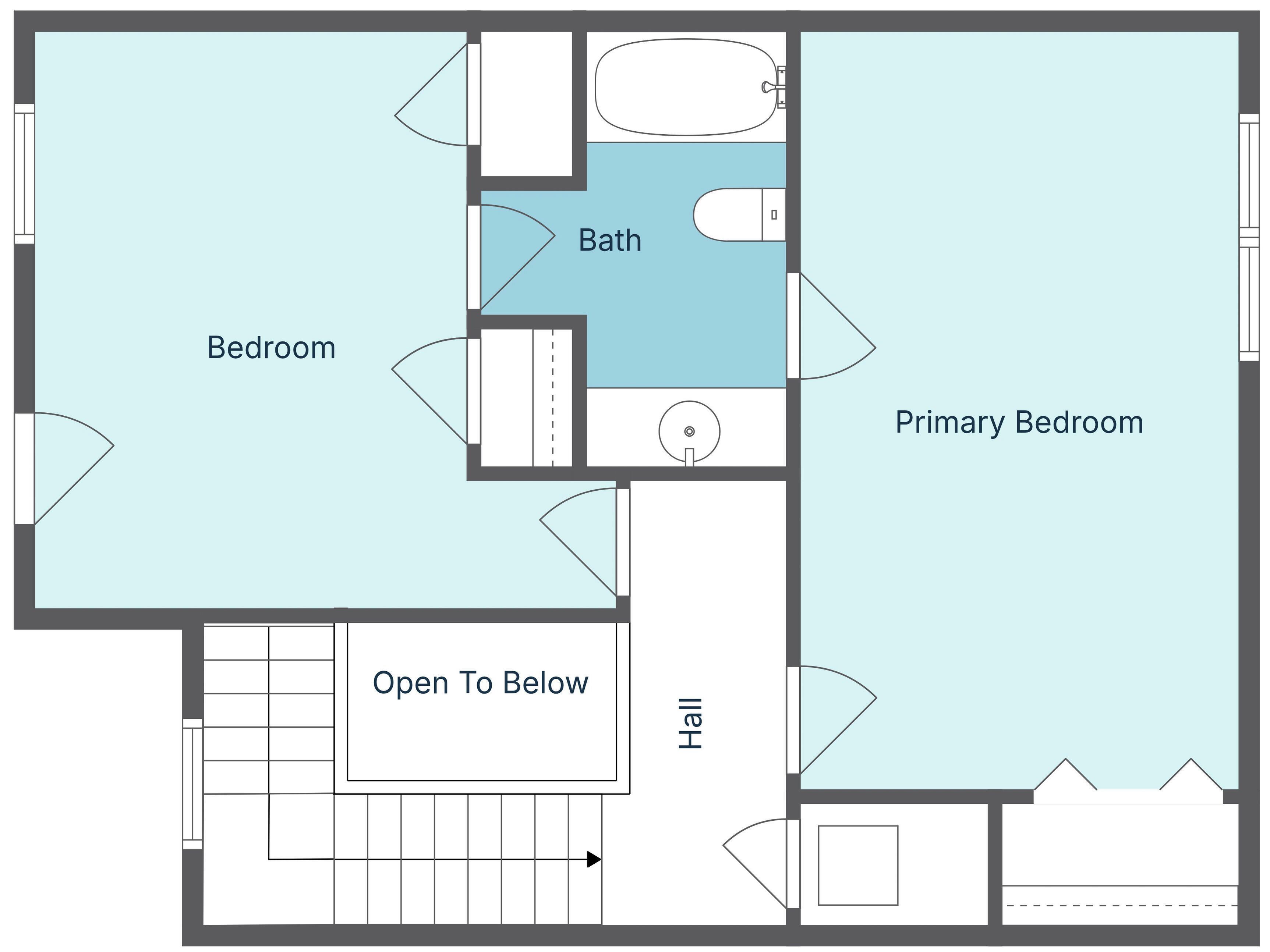 A floor plan with a bedroom, primary bedroom, bathroom, and hall.