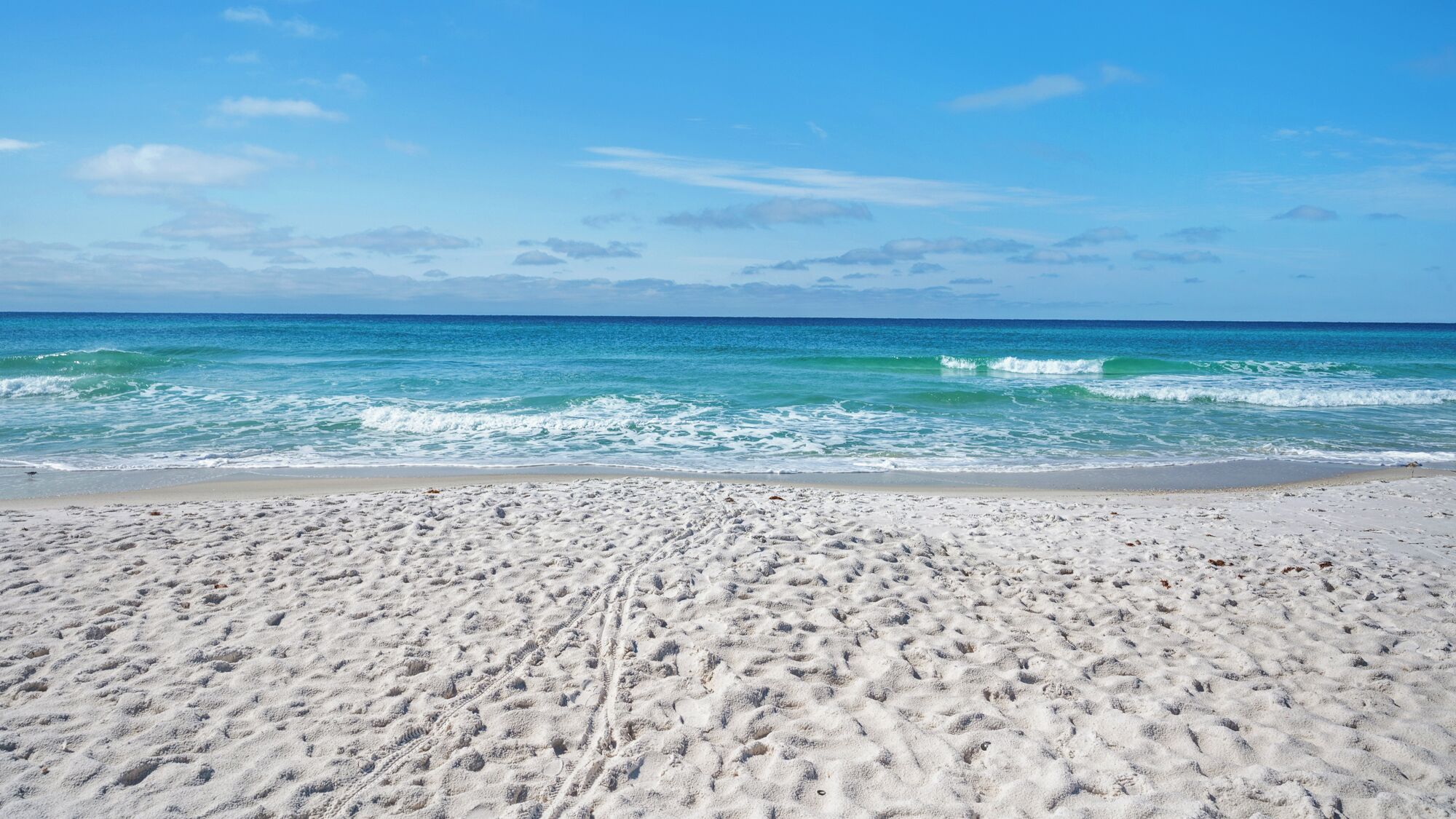 A sandy beach with footprints leading to the water, a clear sky, and gentle waves.