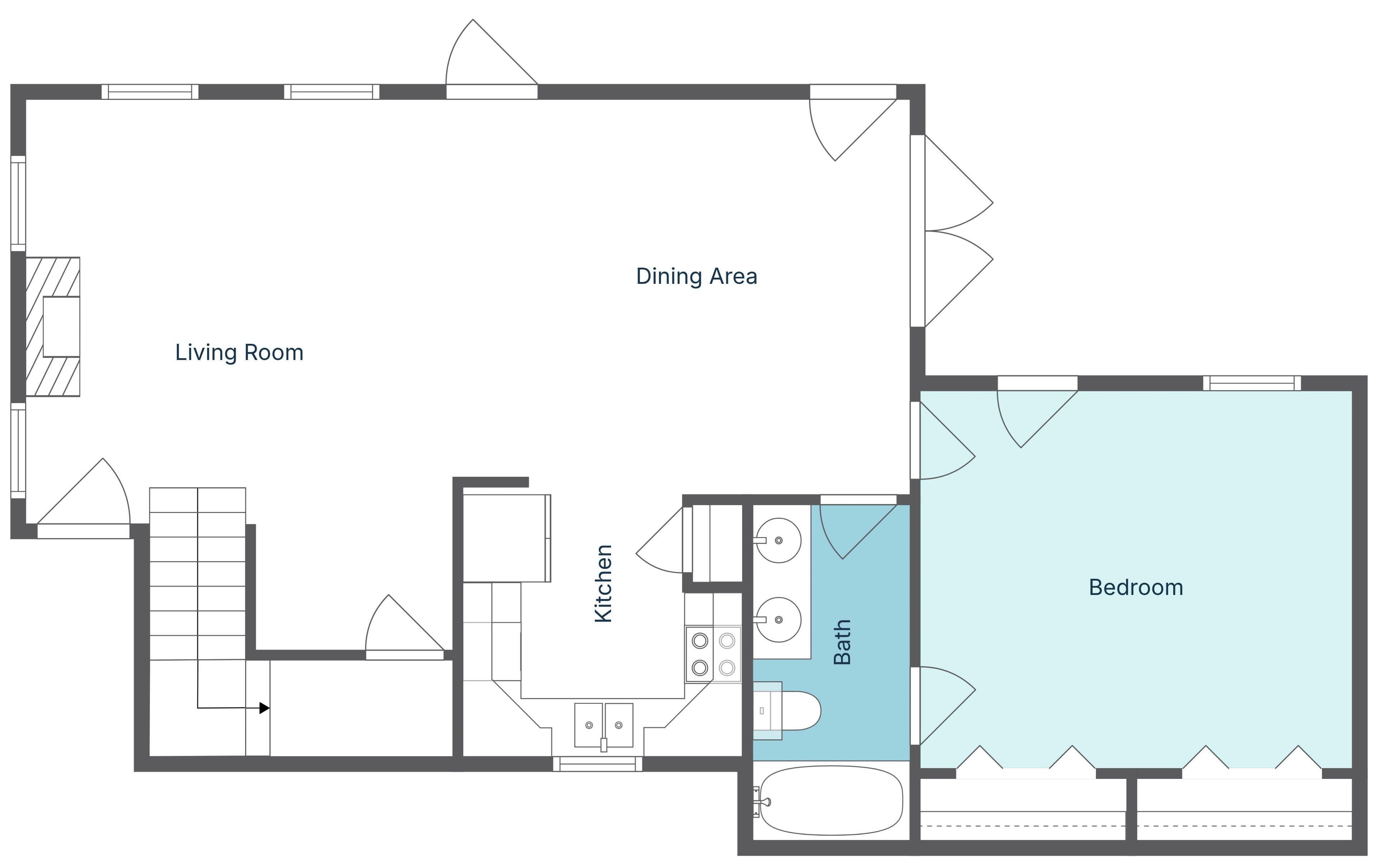 A floor plan with a living room, dining area, kitchen, bathroom, and bedroom.