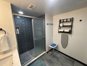 Hair dryer, towels, soap, toilet paper