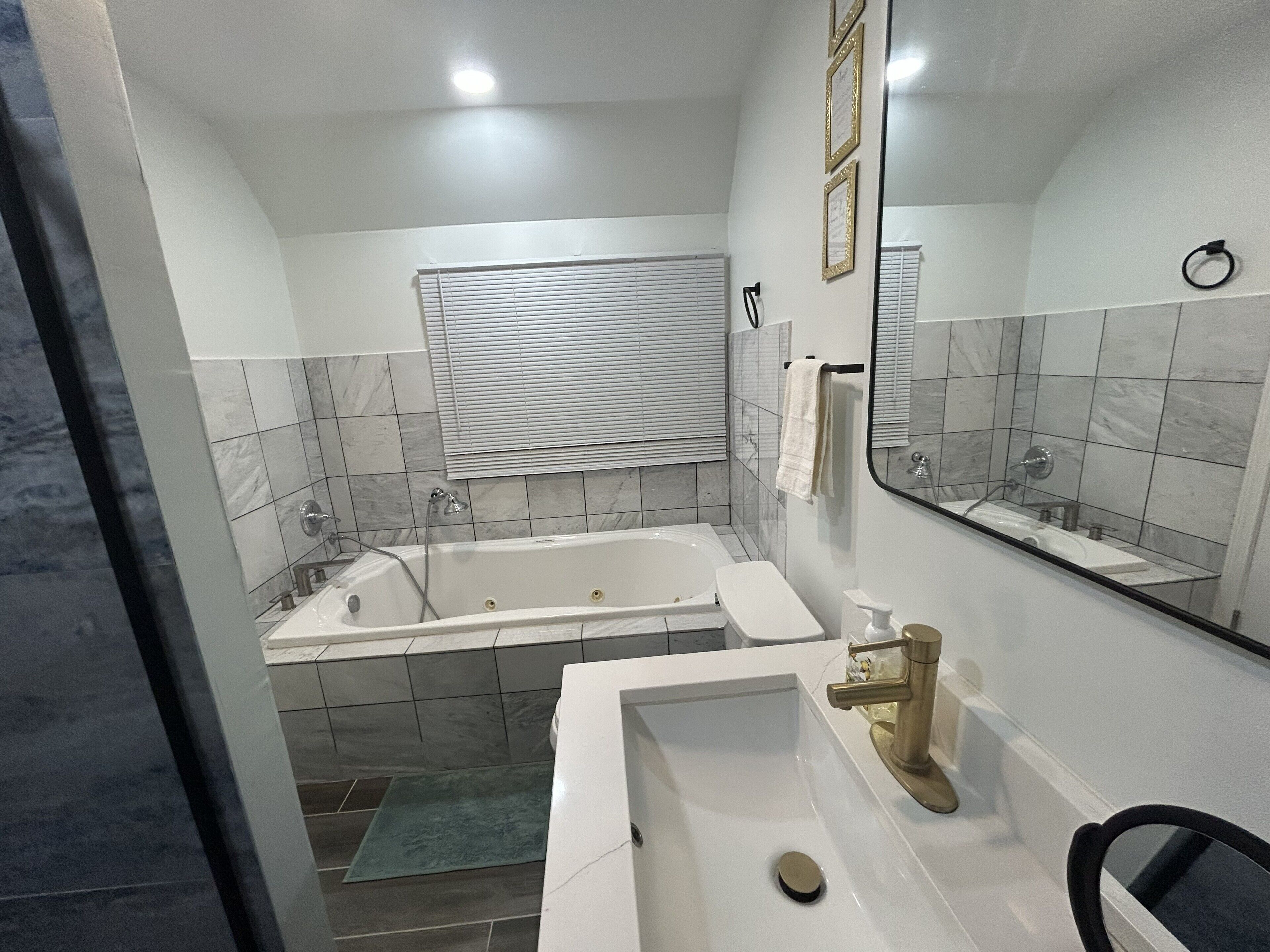 Hair dryer, towels, soap, toilet paper