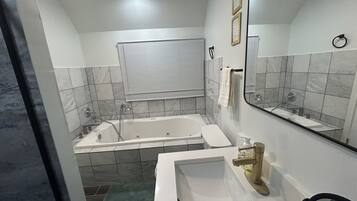 Hair dryer, towels, soap, toilet paper