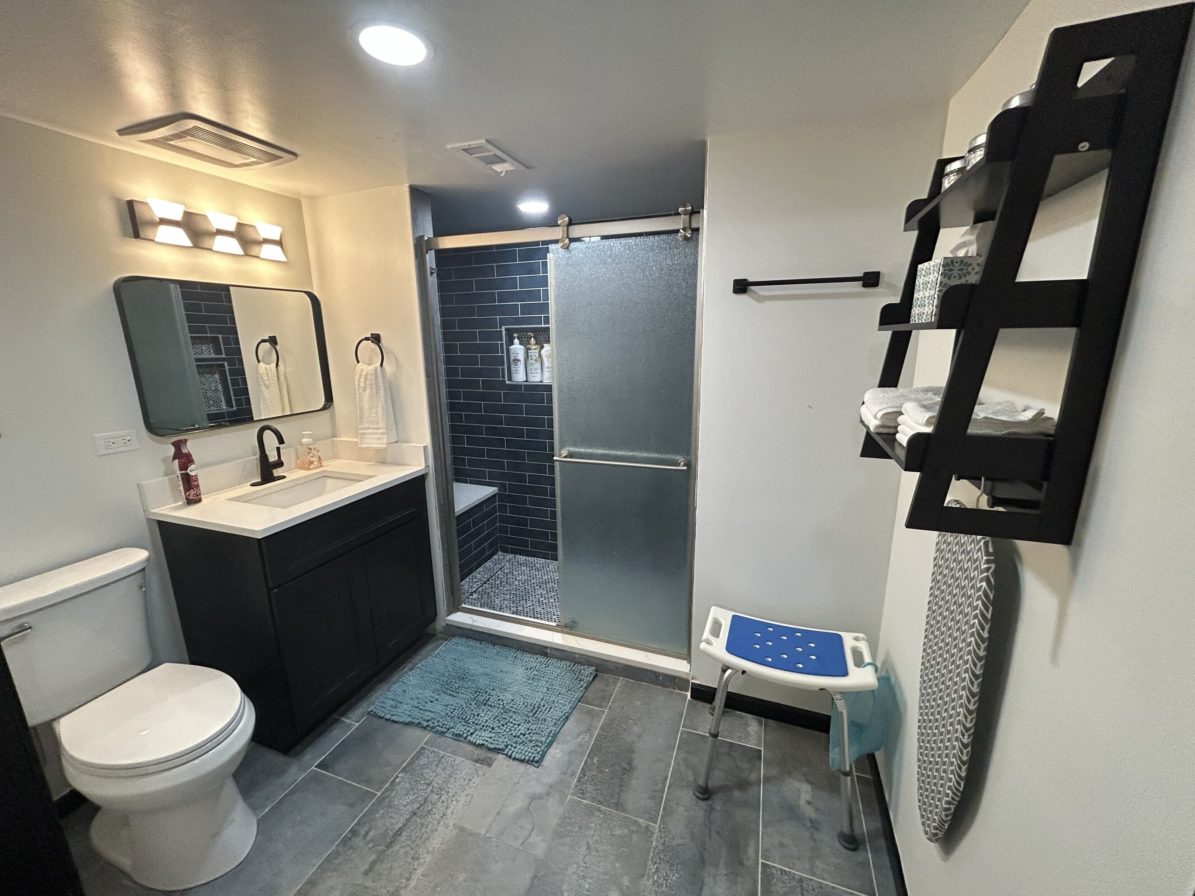 Hair dryer, towels, soap, toilet paper