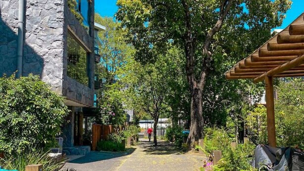 Un sentier bordé de verdure et un bâtiment en pierre.