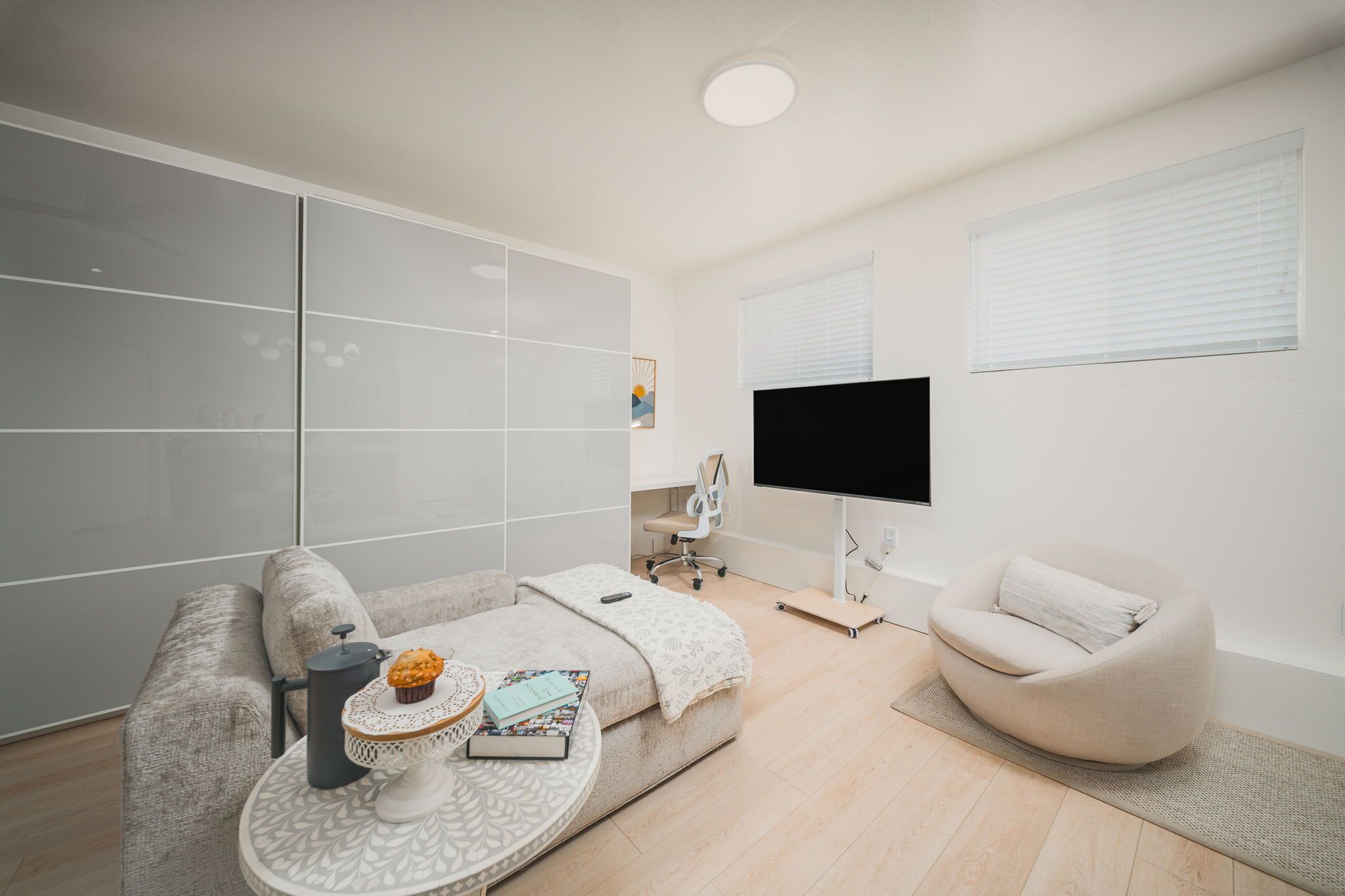 A modern living room with a sofa, armchair, flat-screen TV, and a large closet.
