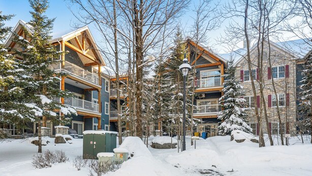 A snow-covered residential area with multi-story buildings, a street lamp, and snow-covered trees.