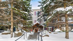 A snow-covered staircase leading to a lodge with stone walls and red shutters.