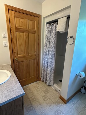 A bathroom with a wooden door, a shower with a floral curtain, a toilet paper holder, and a sink with a granite countertop.