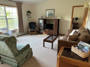 A living room with a green armchair, brown sofa, glass coffee table, and a bookshelf with a television. - Acadia’s "Quiet Side" Retreat – Sunny 3BR/2BA w/ Private Deck & Fire Pit! (Tremont)