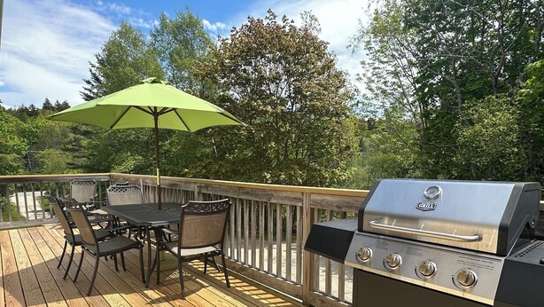 Una terrazza esterna con barbecue, tavolo, sedie e ombrellone.