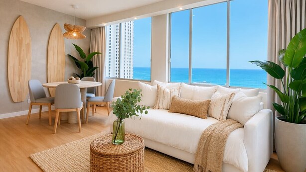 A modern living room with a white sofa, a dining table, and chairs. There are large windows with a view of the ocean. - Waikiki Ocean Luxe Retreat | Panoramic Views (Honolulu)
