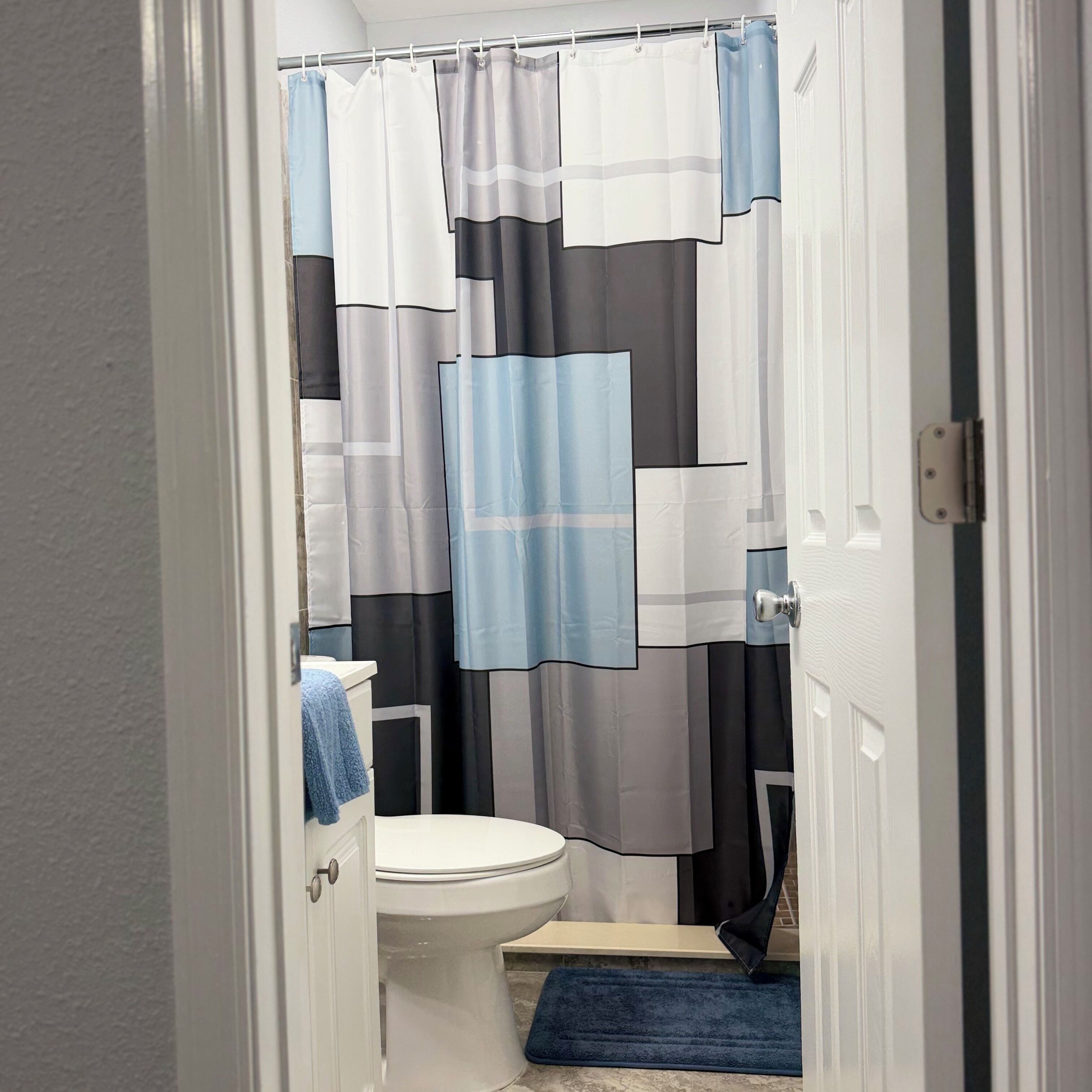 Hair dryer, towels, soap, toilet paper