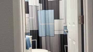 Hair dryer, towels, soap, toilet paper