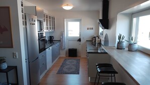 A modern kitchen with a refrigerator, oven, and coffee maker. There is a window with plants on the counter. - Holiday apartment by the coast on Ærø (Søby Ærø)