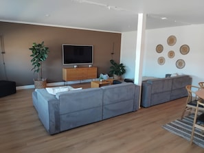 A modern living room with a grey sectional sofa, a wooden cabinet, a flat-screen TV, and decorative wall art.