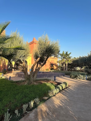 A courtyard with a palm tree, a building with a red roof, and a paved walkway. - 2 bedroom apartment, private rooftop and swimming pool + aqua-park free access (Ouahat Sidi Brahim)