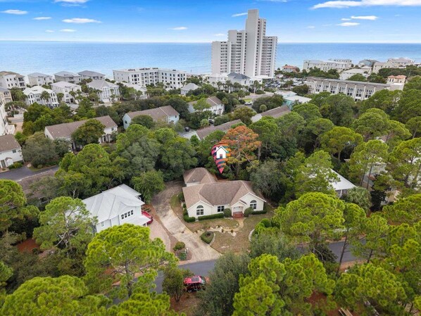 A residential area with houses, a large building, and a view of the ocean.