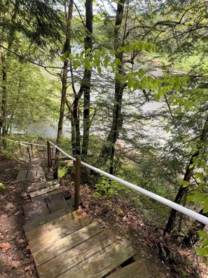 A wooden staircase leading down to a body of water, surrounded by trees. - Maxwell Reserve • Private Forest Retreat • Sleeps 14 (Tionesta)
