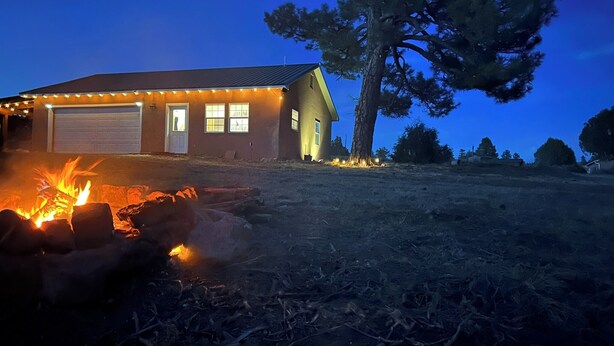 Una casa con garage, un braciere e un albero.