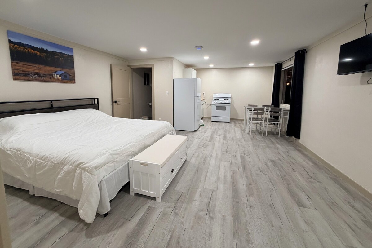 A bedroom with a bed, bedside table, and a small kitchenette with a fridge and stove.
