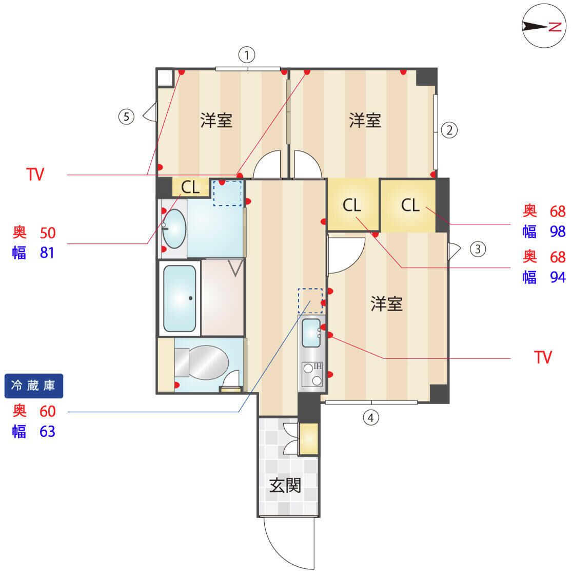 A floor plan of a hotel with two bedrooms, two bathrooms, a living area, and a TV room.