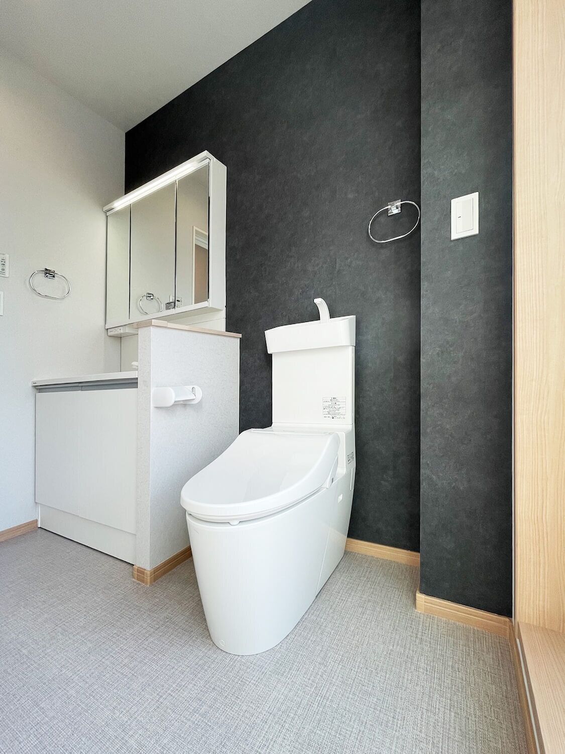 A modern bathroom with a toilet, sink, and mirror.