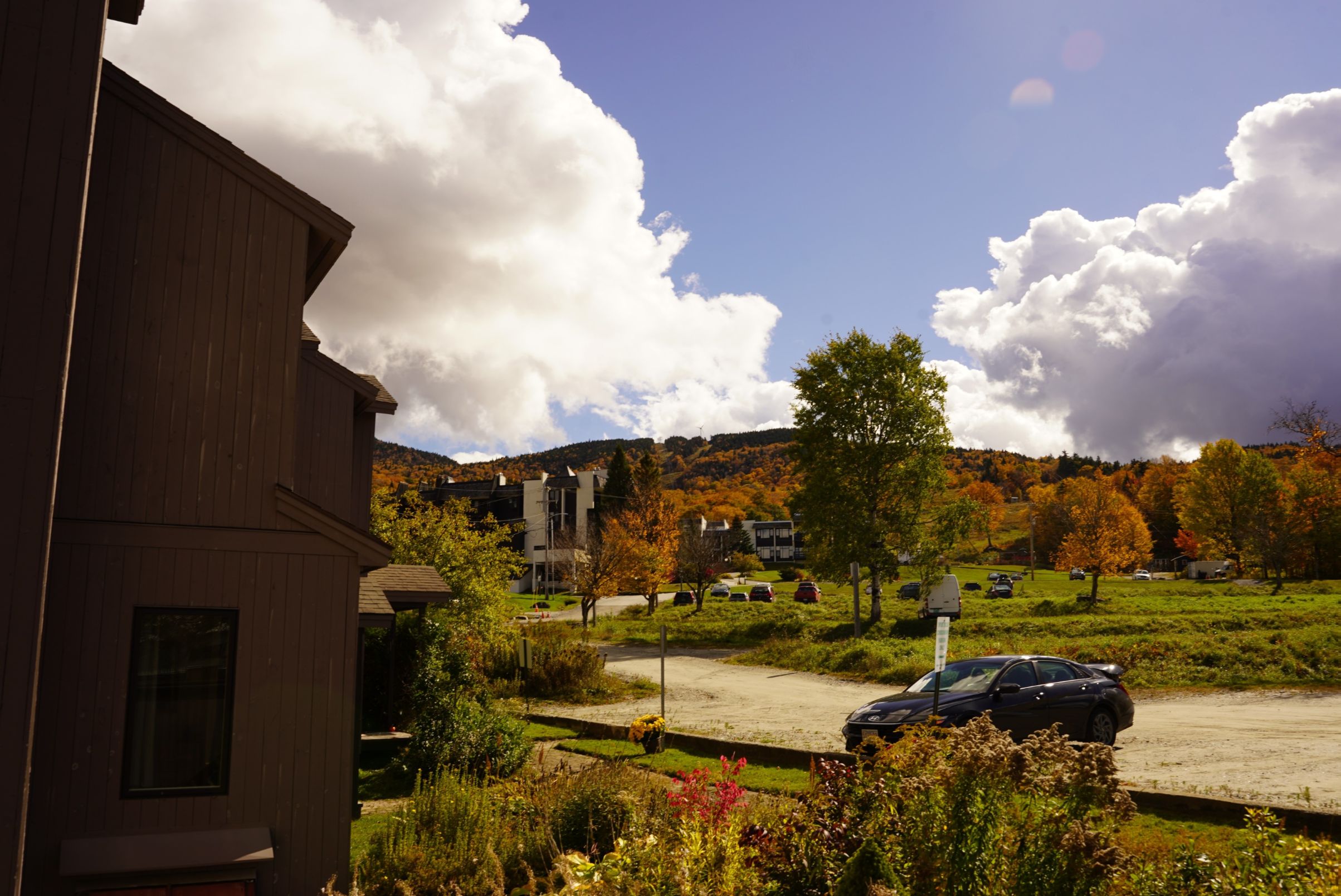 A residential area with a parking lot, houses, and a mountain backdrop.